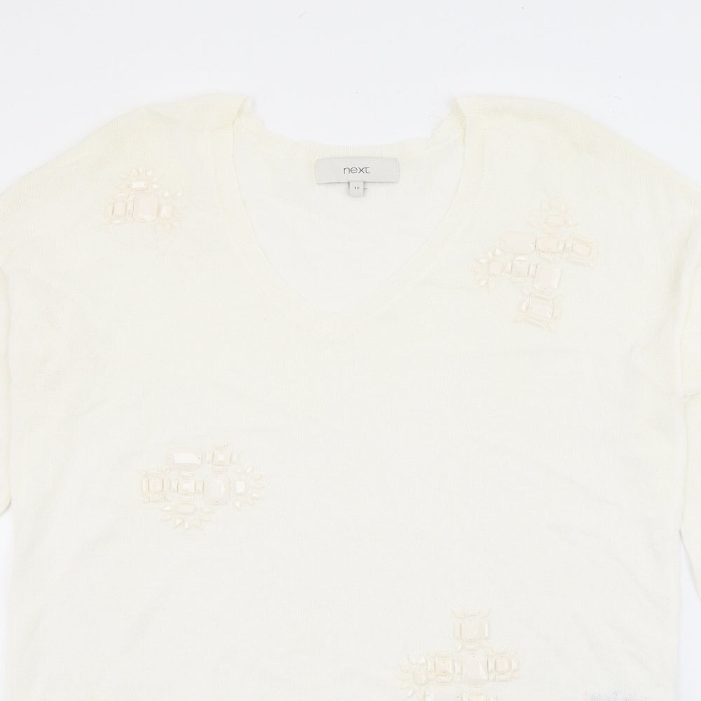 NEXT Womens White V-Neck  Viscose Pullover Jumper Size 12