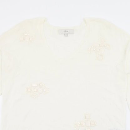 Next Womens White V-Neck  Viscose Pullover Jumper Size 12