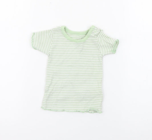 Marks and Spencer Baby Green Striped Cotton Pullover T-Shirt Size 0-3 Months Crew Neck Snap