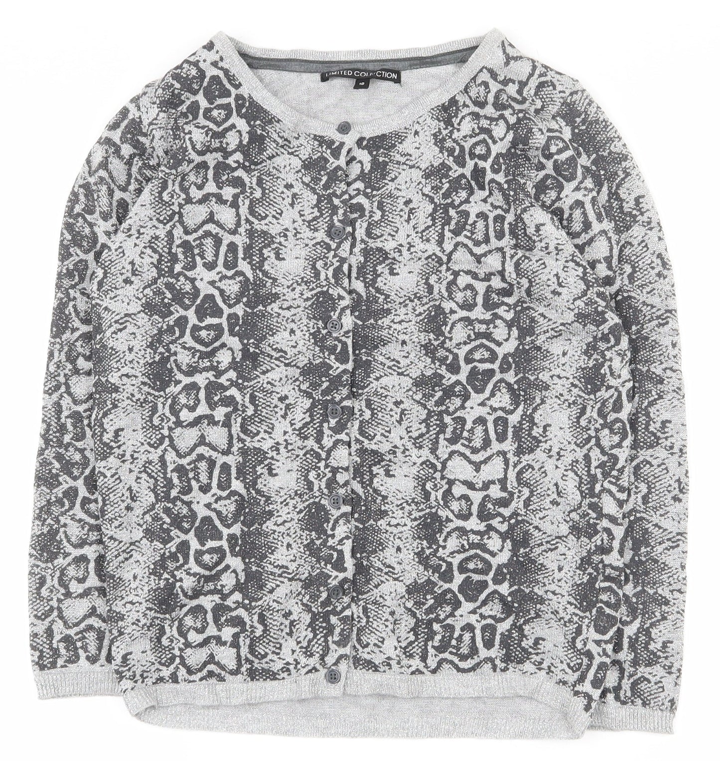 Marks and Spencer Womens Grey Round Neck Animal Print Viscose Cardigan Jumper Size 10