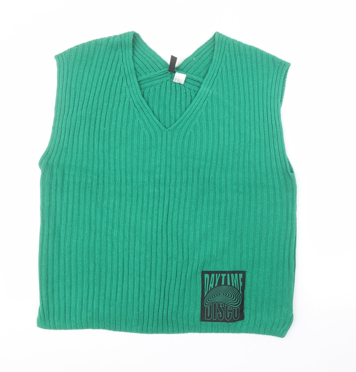 H&M Womens Green V-Neck  Acrylic Tunic Jumper Size XS   - Slogan