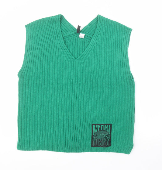 H&M Womens Green V-Neck  Acrylic Tunic Jumper Size XS   - Slogan