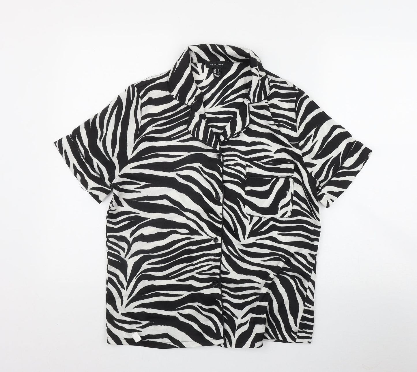New Look Womens Black Animal Print Polyester Basic Button-Up Size 10 Collared