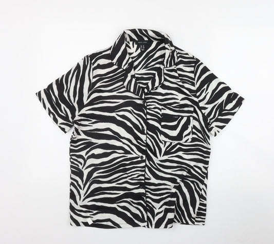 New Look Womens Black Animal Print Polyester Basic Button-Up Size 10 Collared
