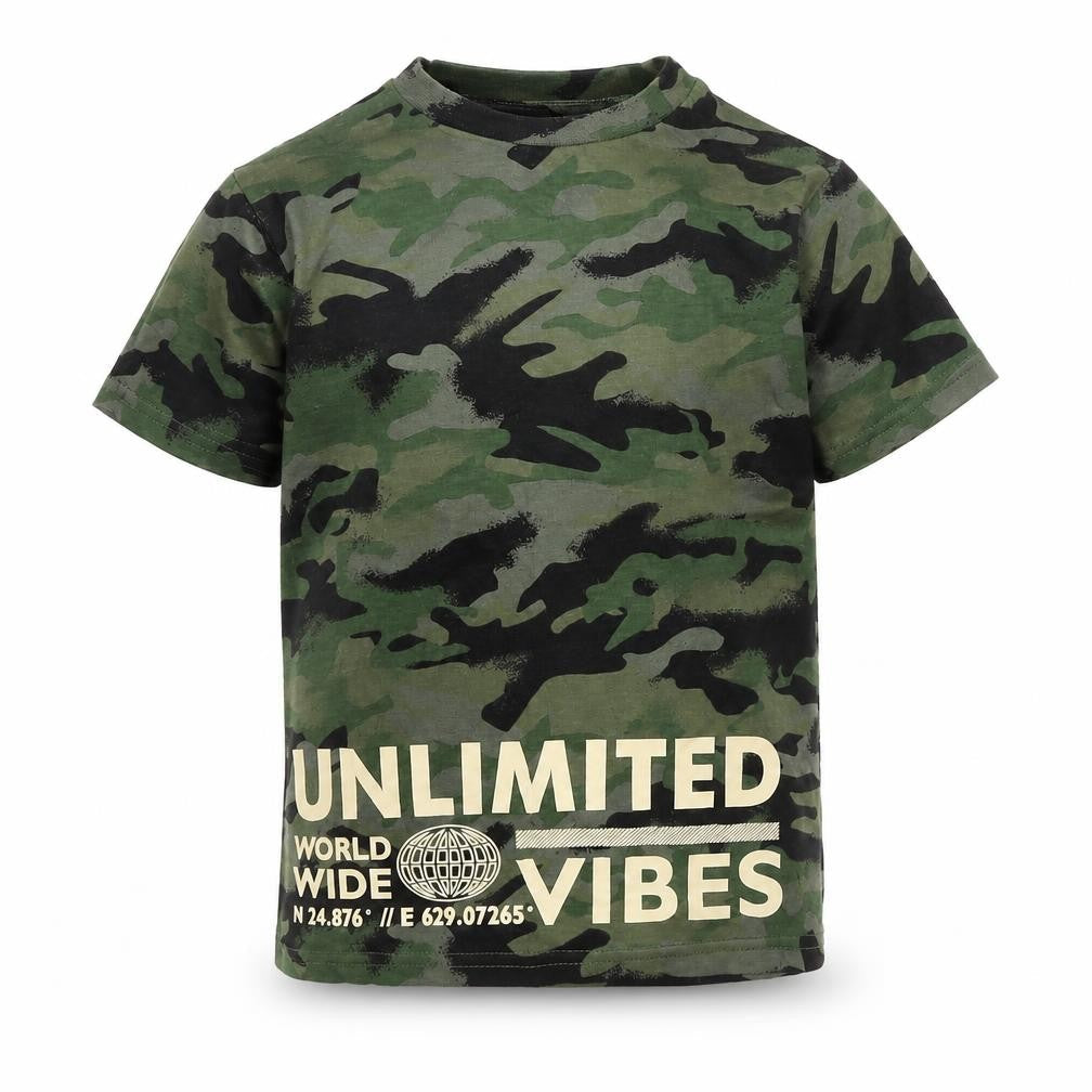 George Boys Green Camouflage Cotton Basic T-Shirt Size 5-6 Years Round Neck Pullover