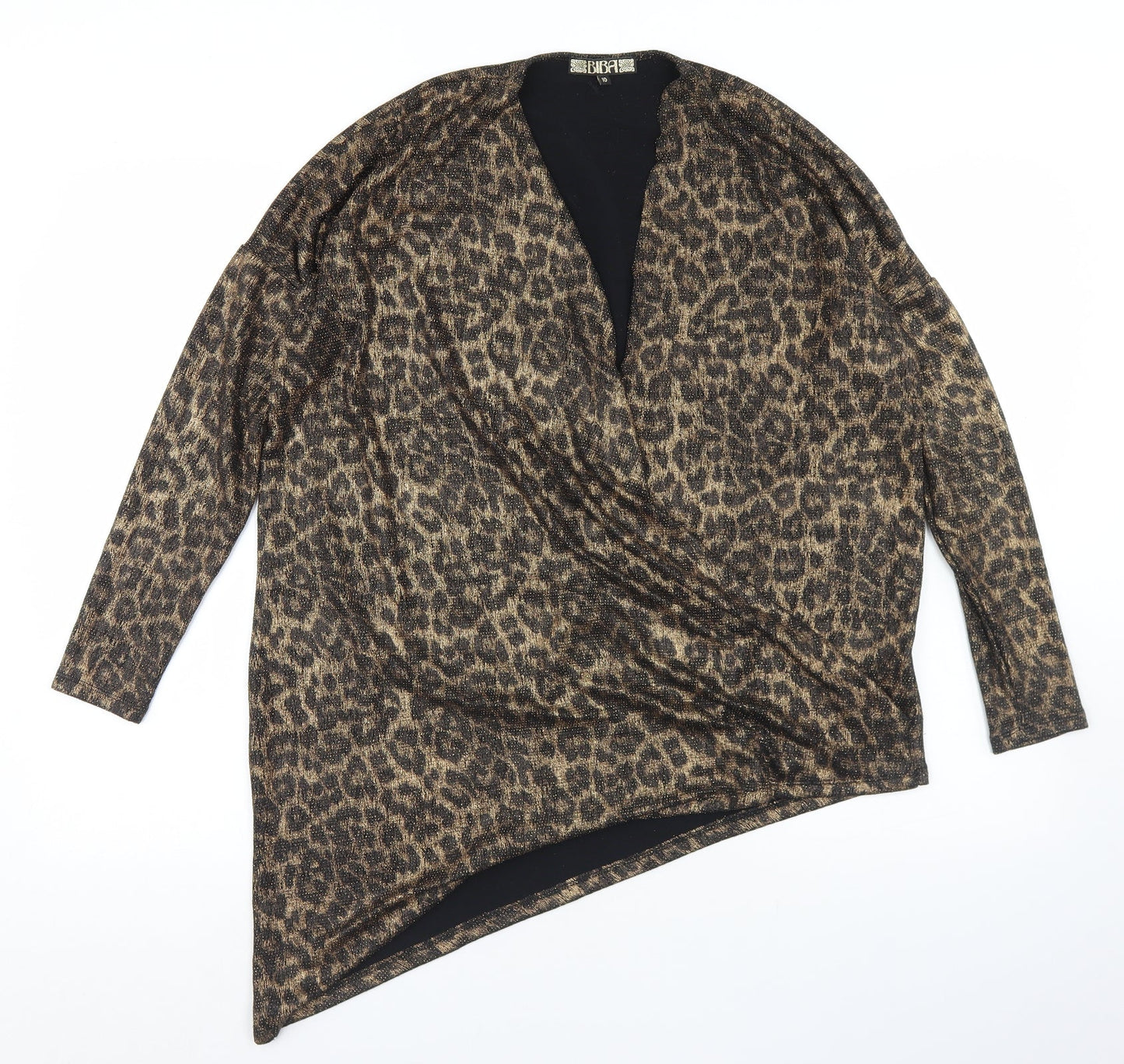 BiBA Womens Beige Animal Print Nylon Basic Blouse Size 10 V-Neck