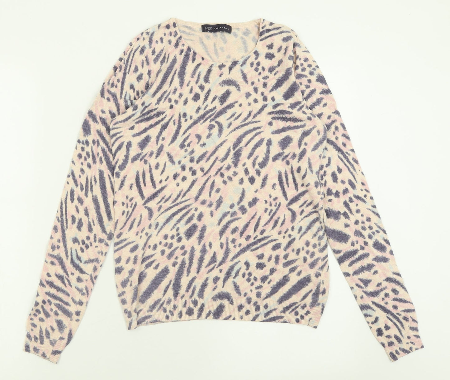 Marks and Spencer Womens Purple Crew Neck Animal Print Viscose Pullover Jumper Size 8