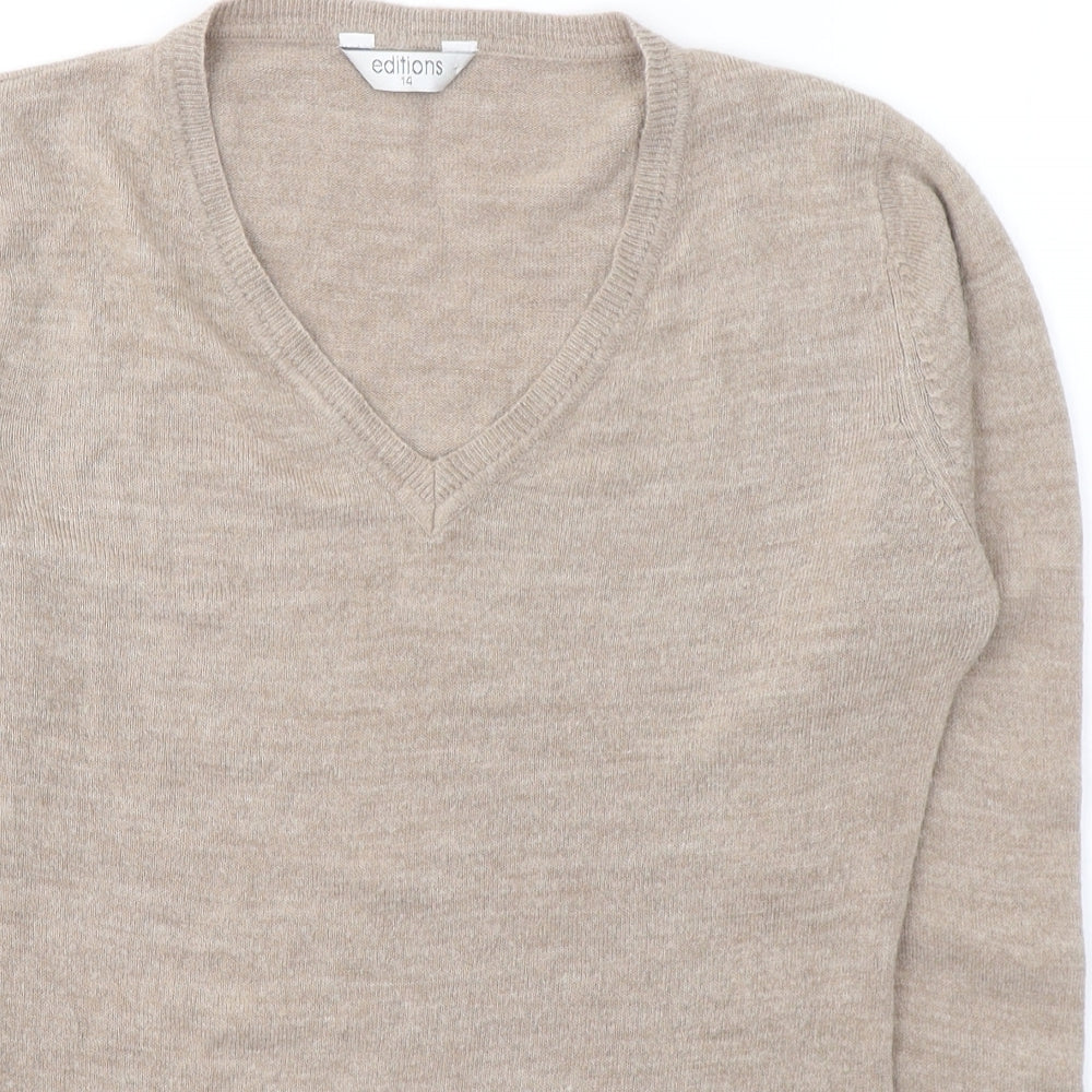 EDITIONS Womens Beige V-Neck  Acrylic Pullover Jumper Size 14