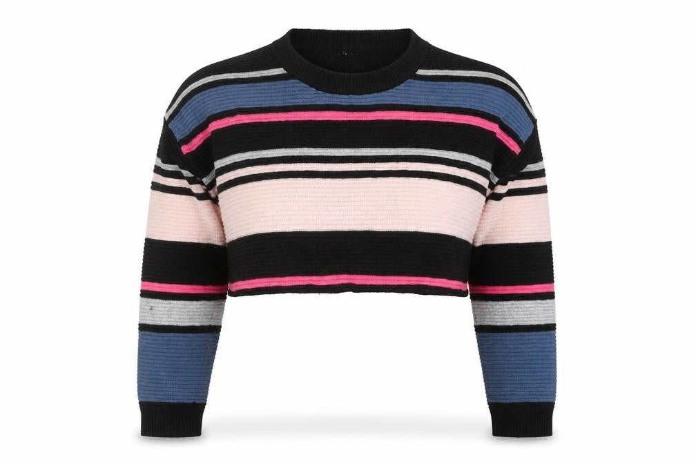 H&M Womens Black Round Neck Striped Polyester Pullover Jumper Size XS