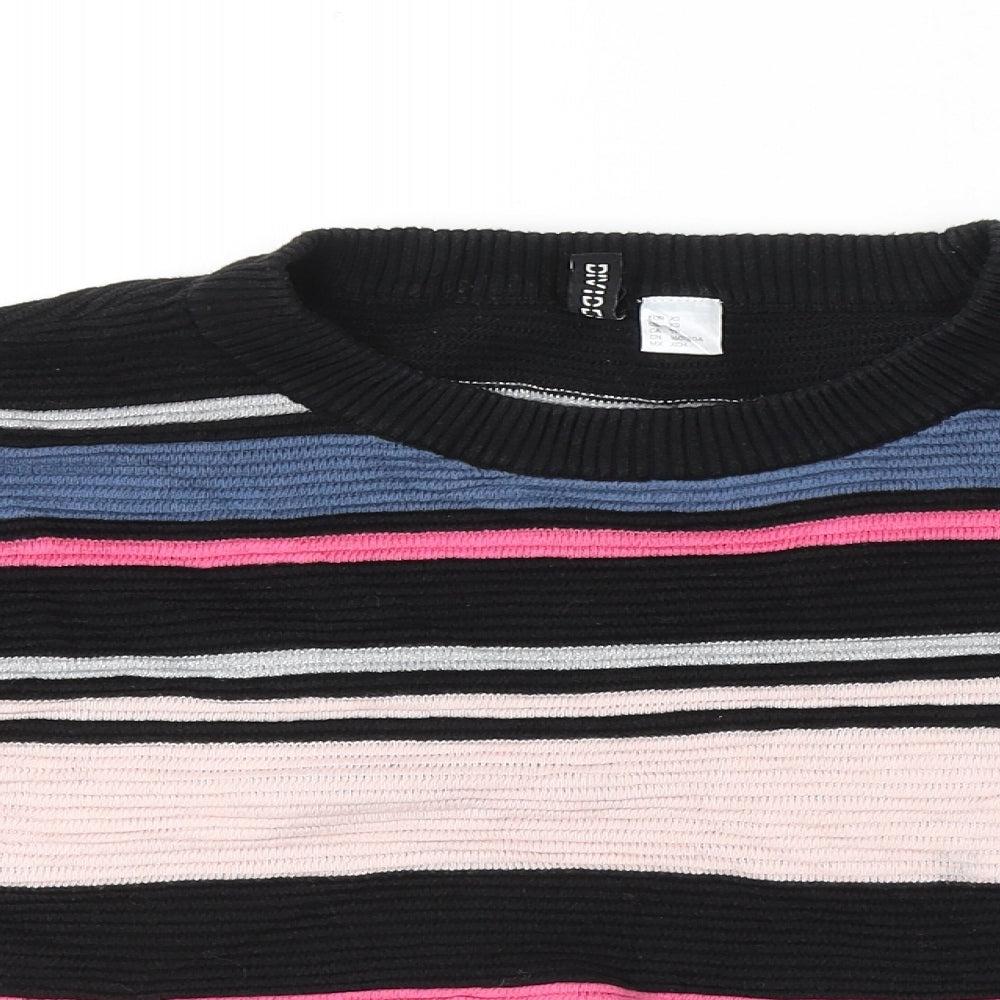 H&M Womens Black Round Neck Striped Polyester Pullover Jumper Size XS