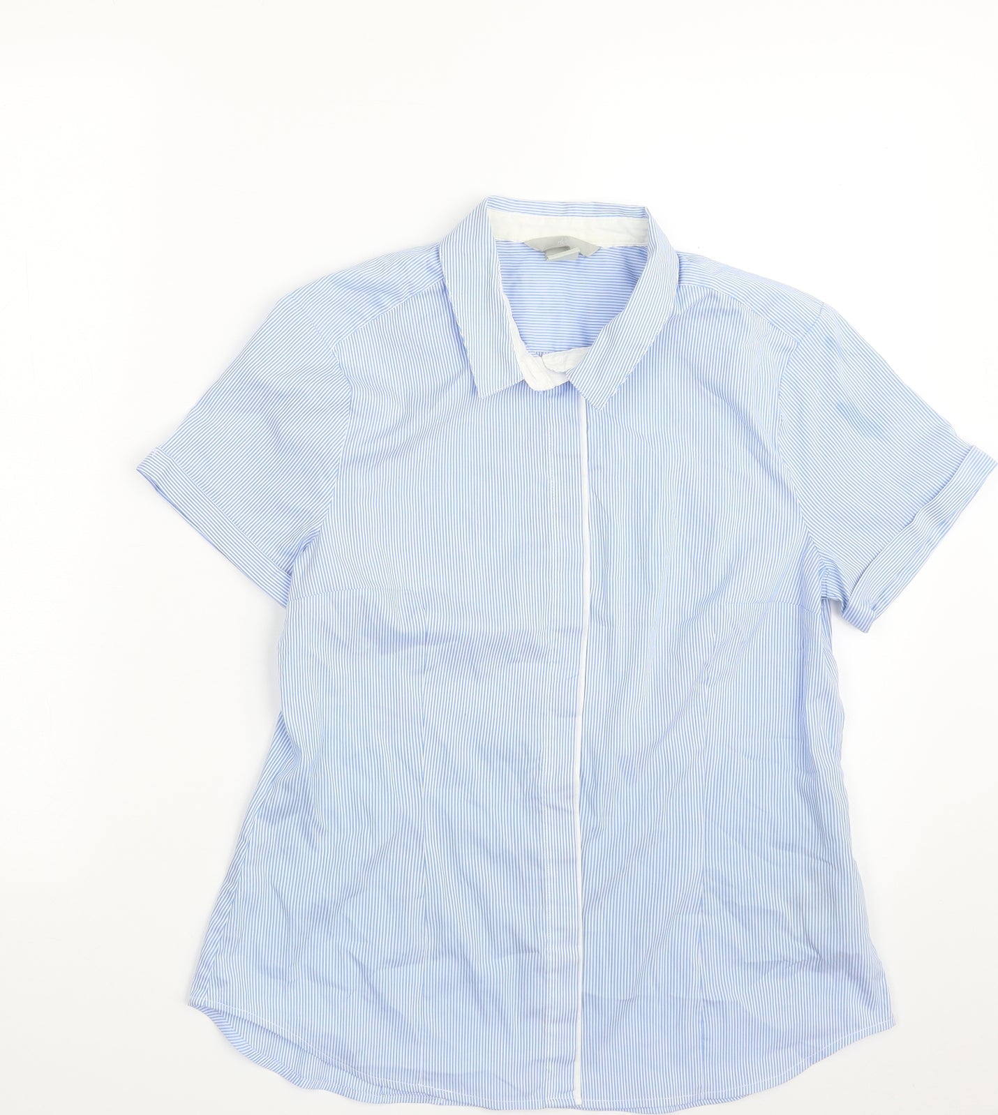 H&M Womens Blue Striped Polyester Basic Button-Up Size 12 Collared