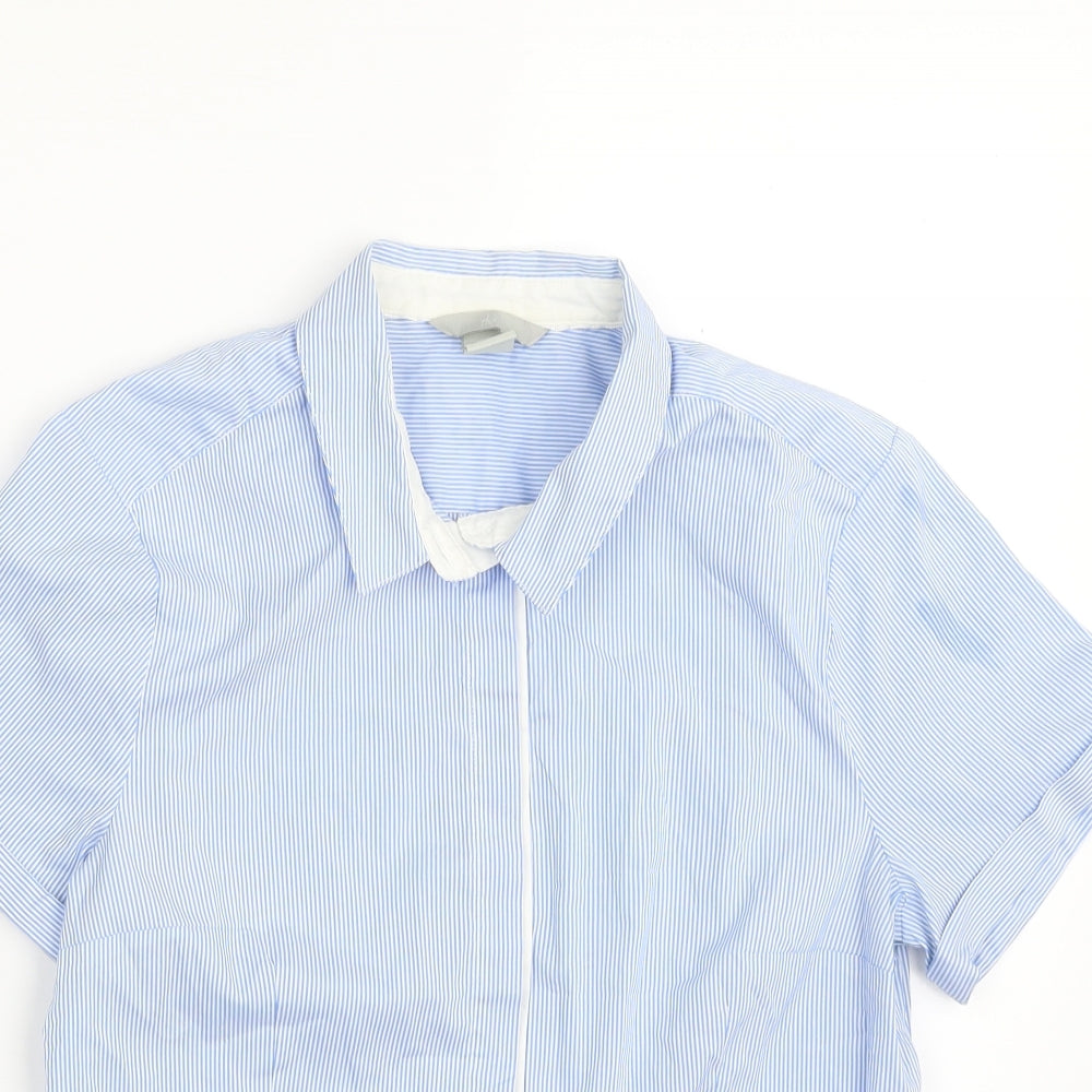 H&M Womens Blue Striped Polyester Basic Button-Up Size 12 Collared