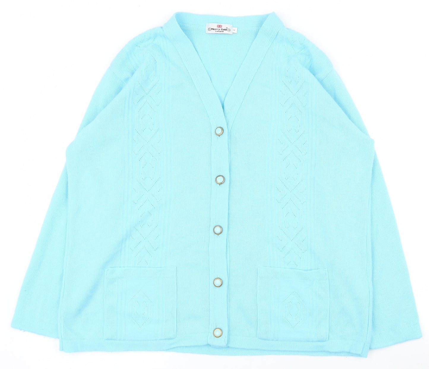 Merry Gold Womens Blue V-Neck  Acrylic Cardigan Jumper Size L