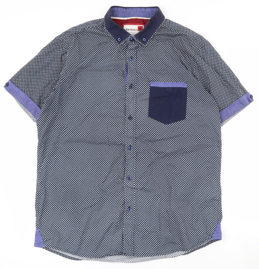 Centered Mens Blue Geometric Cotton  Button-Up Size L Collared Button