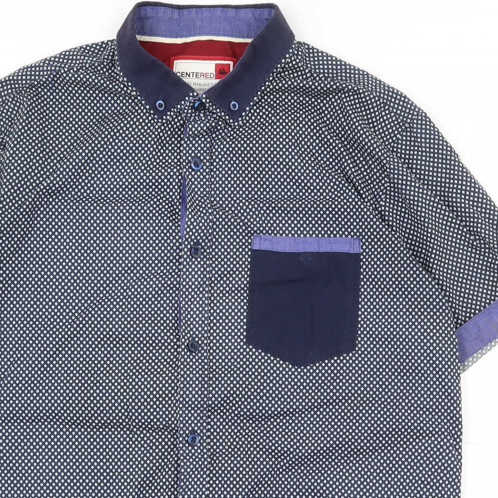 Centered Mens Blue Geometric Cotton  Button-Up Size L Collared Button
