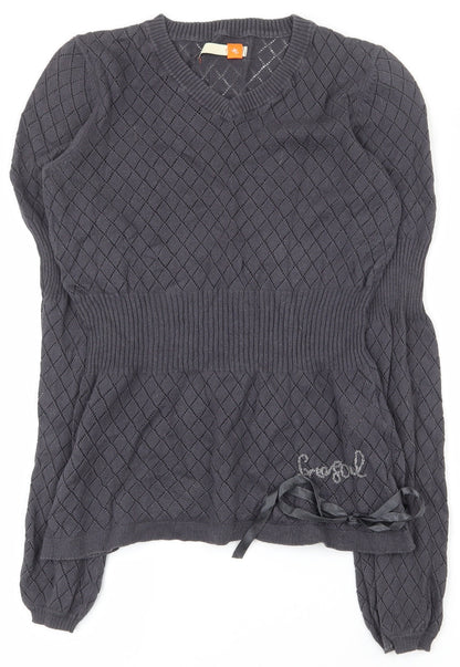 Freesoul Womens Grey V-Neck Argyle/Diamond Cotton Pullover Jumper Size S