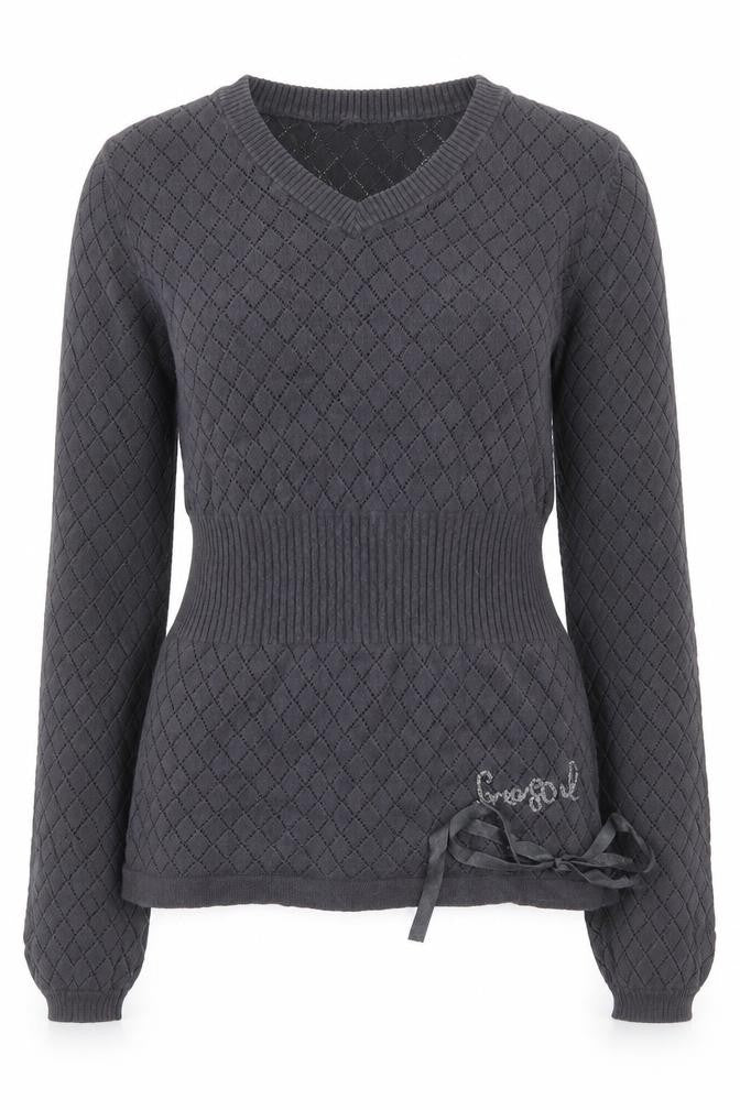 Freesoul Womens Grey V-Neck Argyle/Diamond Cotton Pullover Jumper Size S