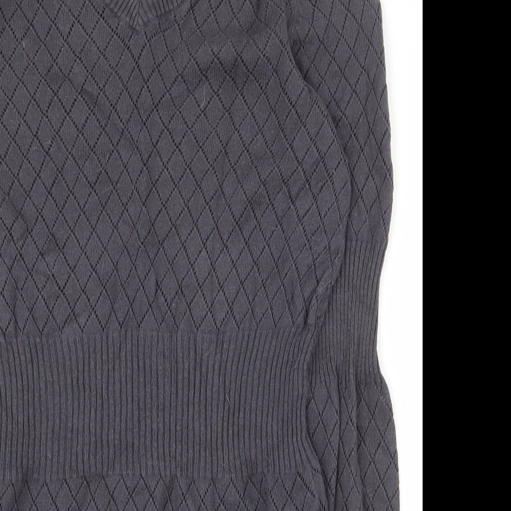 Freesoul Womens Grey V-Neck Argyle/Diamond Cotton Pullover Jumper Size S