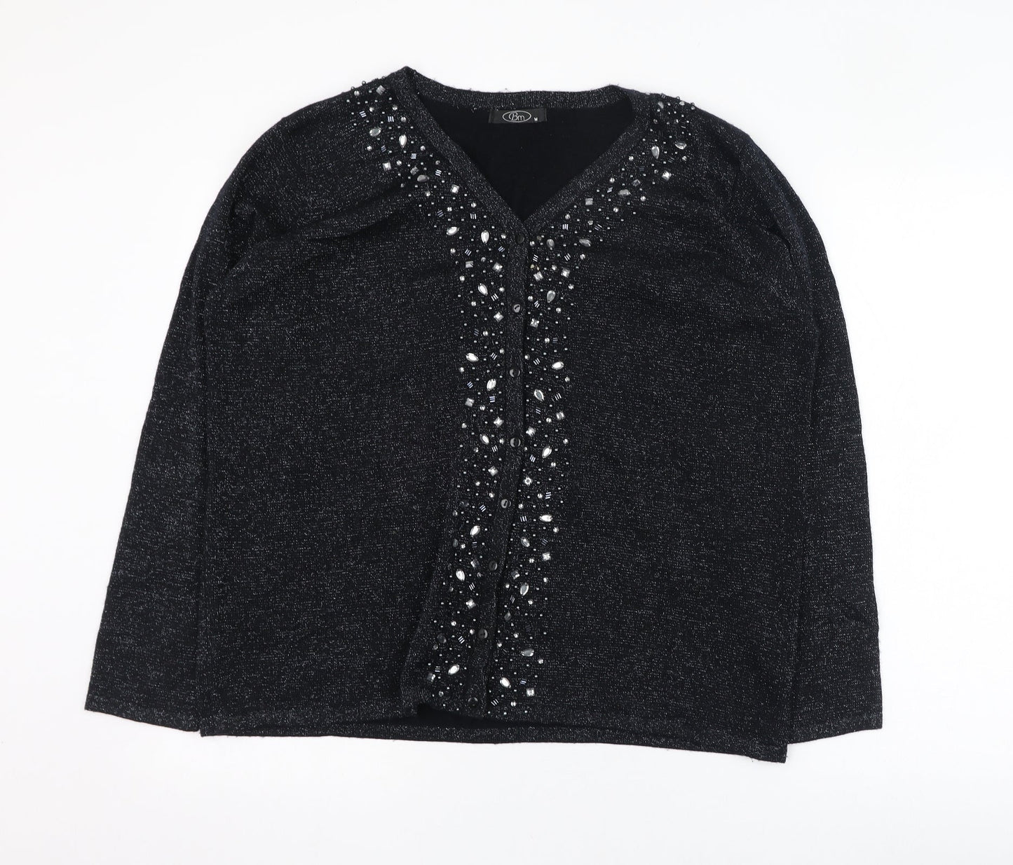 BM Womens Black V-Neck  Acrylic Cardigan Jumper Size M