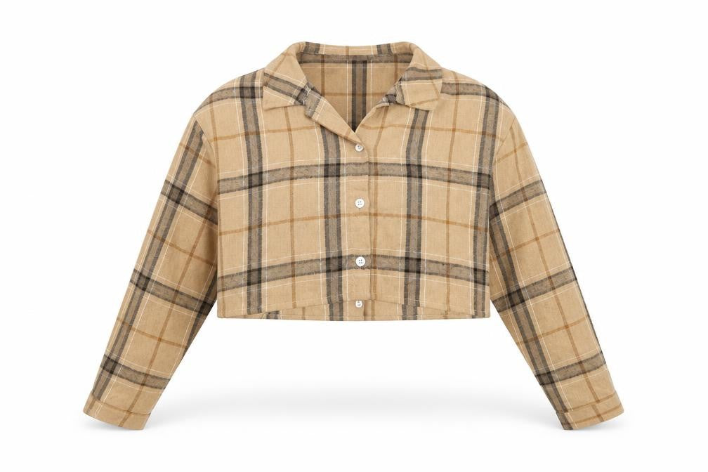 SheIn Girls Beige Plaid Cotton Cropped Button-Up Size 10 Years Collared Button