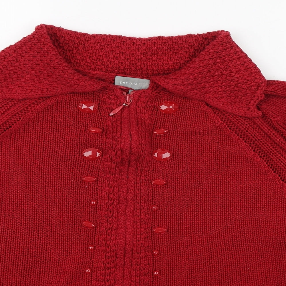 Per Una Womens Red Collared  Acrylic Full Zip Jumper Size M