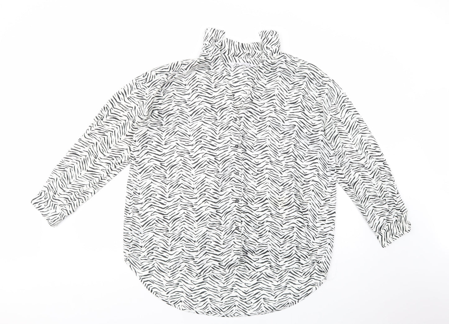Zara Womens White Animal Print Polyester Basic Button-Up Size L Collared