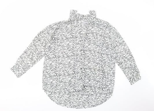 Zara Womens White Animal Print Polyester Basic Button-Up Size L Collared