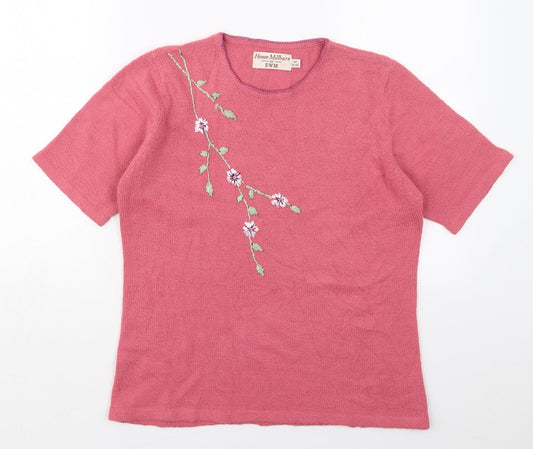 EWM Womens Pink Round Neck Floral Acrylic Pullover Jumper Size 14
