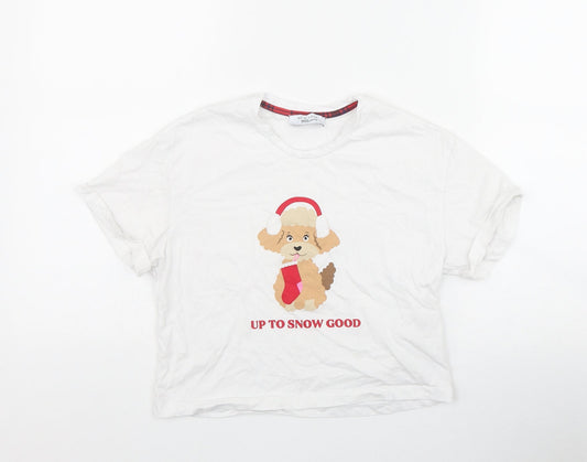 New Look Girls White  Cotton Basic T-Shirt Size XS Round Neck Pullover - 'Up to snow good'