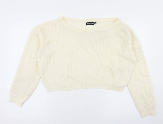 PRETTYLITTLETHING Womens White Round Neck  Acrylic Pullover Jumper Size S