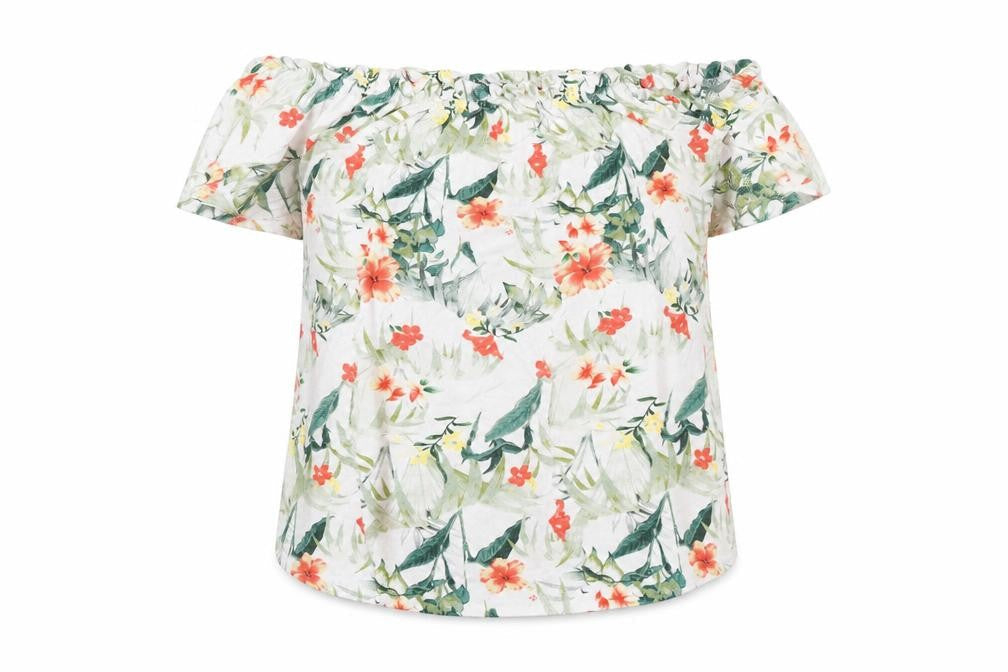Peacocks Womens White Floral Viscose Basic T-Shirt Size 8 Off the Shoulder