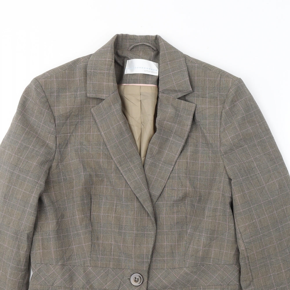 AMARANTO Womens Brown Plaid Polyester Jacket Blazer Size 12