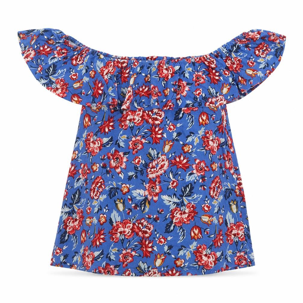 Springfield Womens Blue Floral Viscose Basic T-Shirt Size XS Off the Shoulder