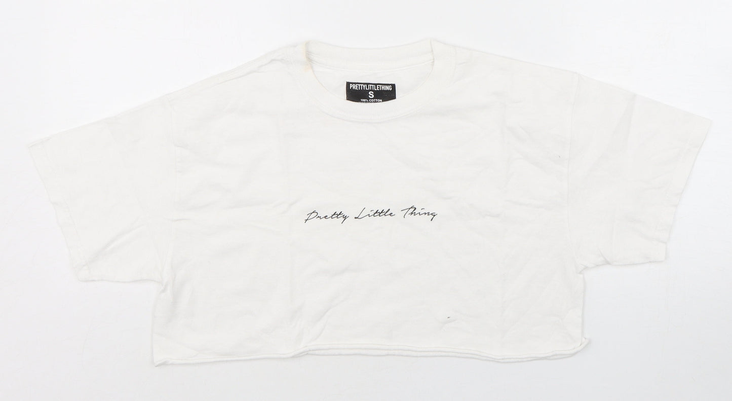 PRETTYLITTLETHING Womens White  Cotton Cropped T-Shirt Size S Round Neck