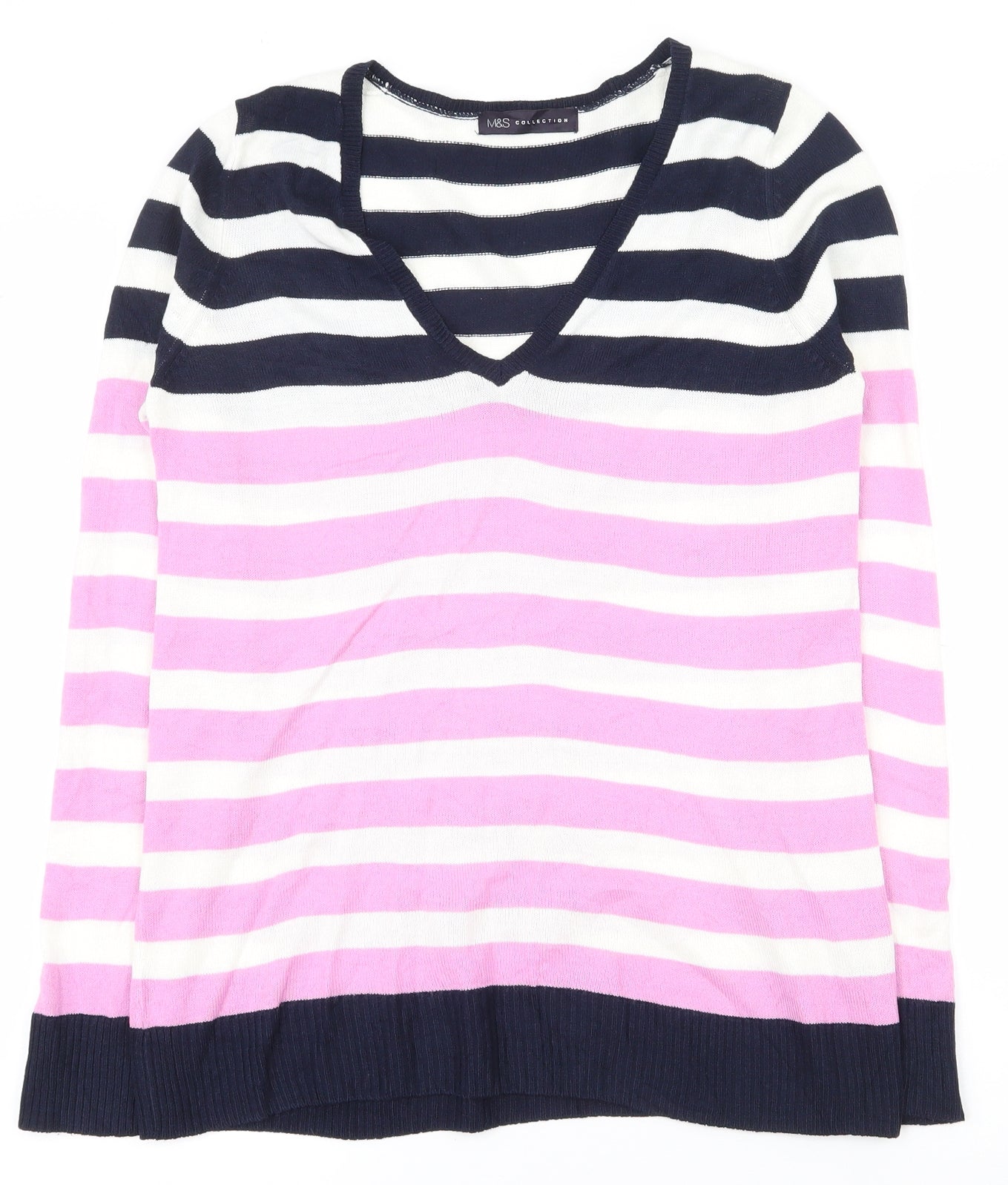 Marks and Spencer Womens Multicoloured V-Neck Striped Acrylic Pullover Jumper Size 10