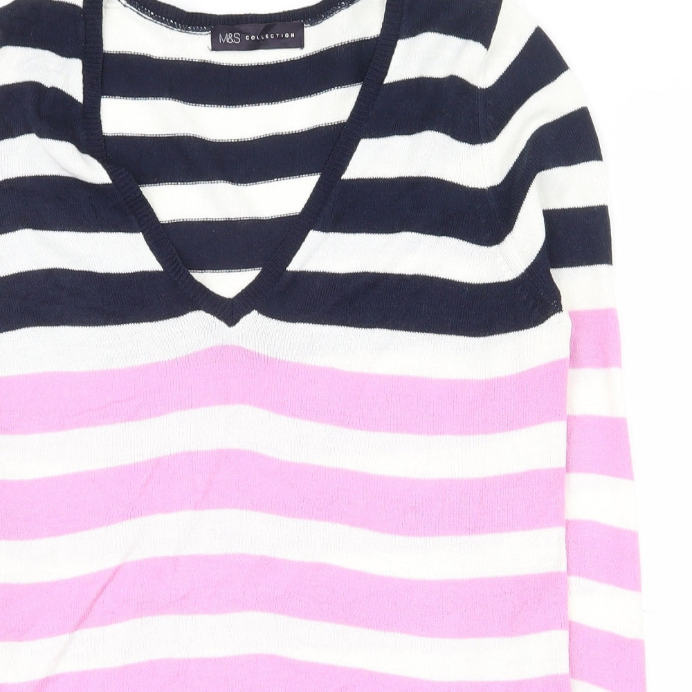 Marks and Spencer Womens Multicoloured V-Neck Striped Acrylic Pullover Jumper Size 10