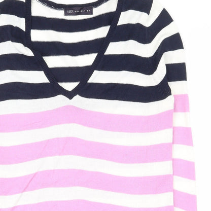 Marks & Spencer Womens Multicoloured V-Neck Striped Acrylic Pullover Jumper Size 10