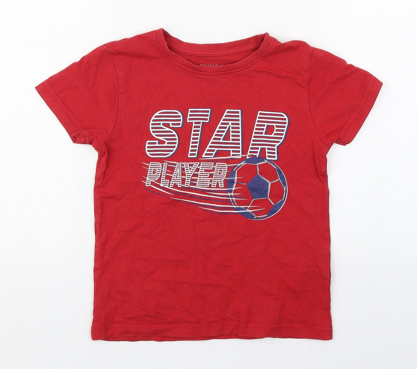 Primark Boys Red  100% Cotton Basic T-Shirt Size 5-6 Years Round Neck Pullover