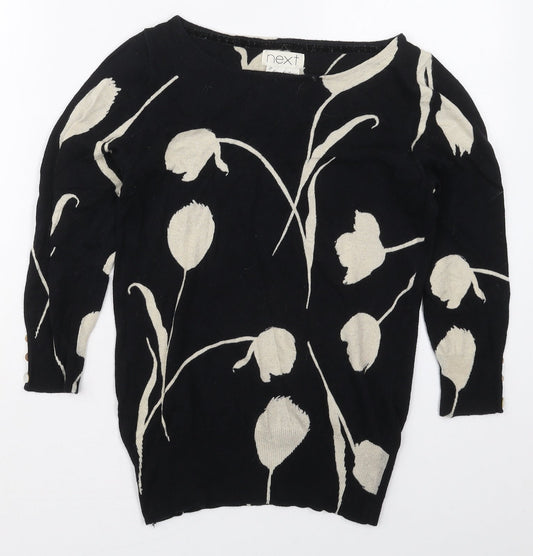 NEXT Womens Black Boat Neck Floral Cotton Pullover Jumper Size 8