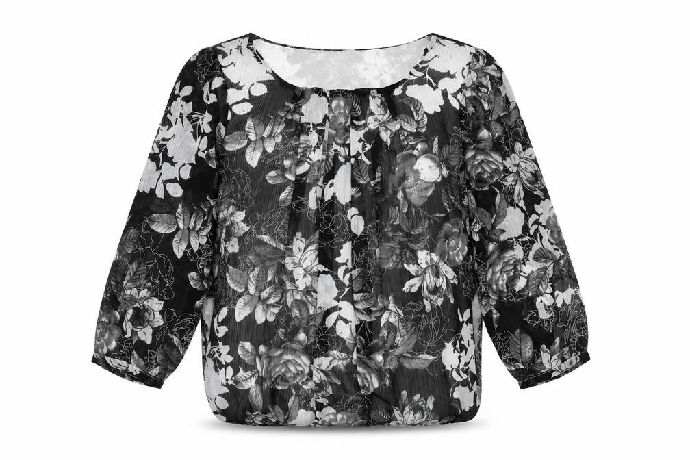 BM Womens Black Floral Polyester Basic Blouse Size 10 Round Neck