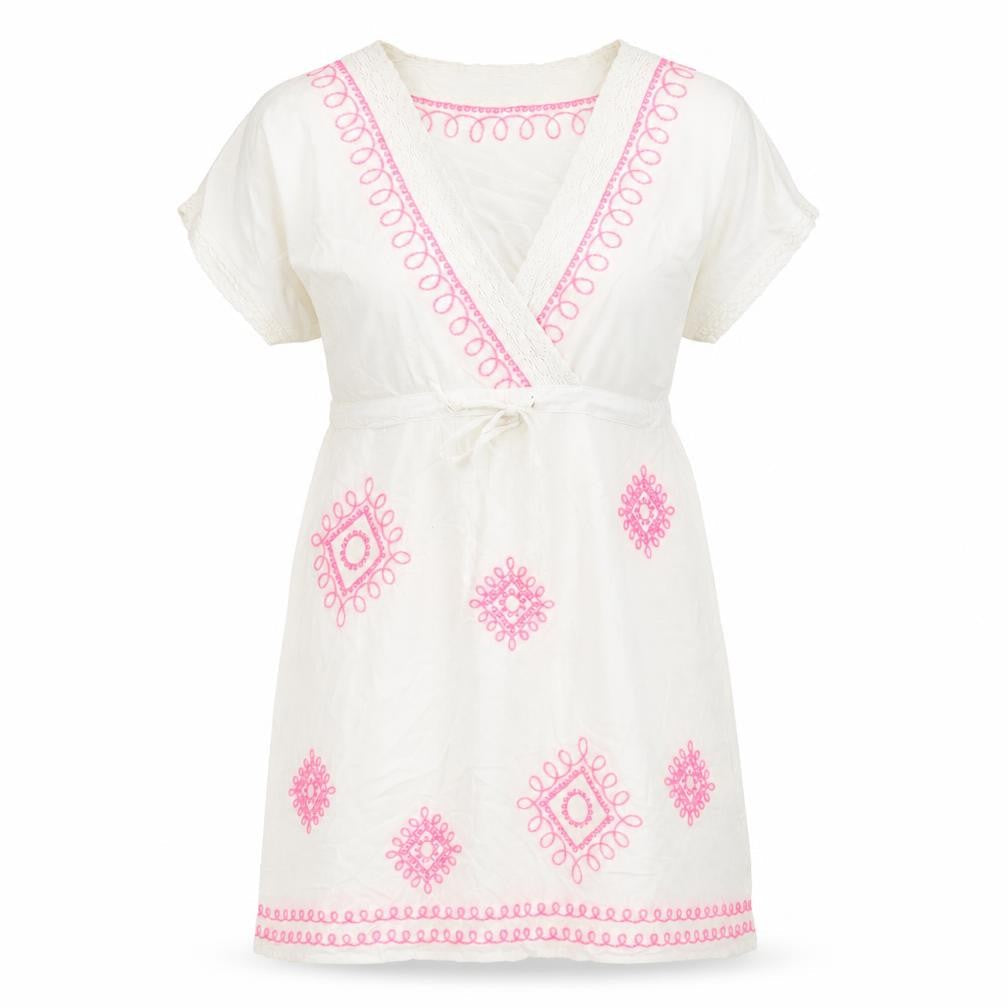 TU Womens White  Viscose Kaftan  Size S  V-Neck Tie - Embroidered