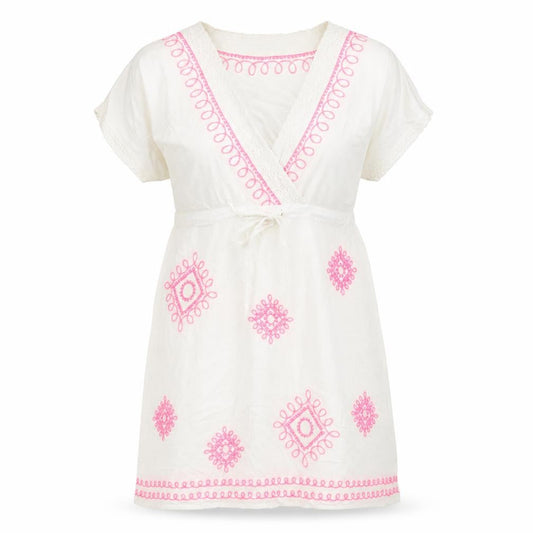 Tu Womens White  Viscose Kaftan  Size S  V-Neck Tie - Embroidered