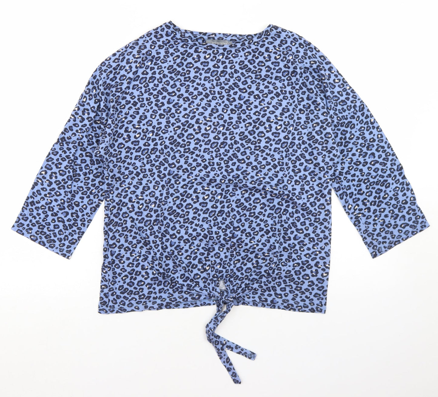 Principles Womens Blue Animal Print Cotton Basic T-Shirt Size 10 Round Neck - Tie Front