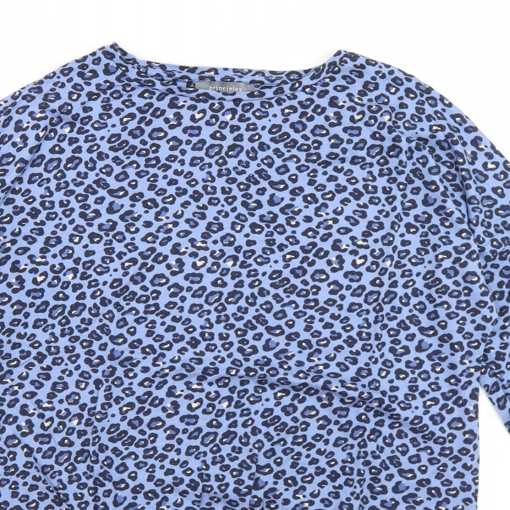 Principles Womens Blue Animal Print Cotton Basic T-Shirt Size 10 Round Neck - Tie Front