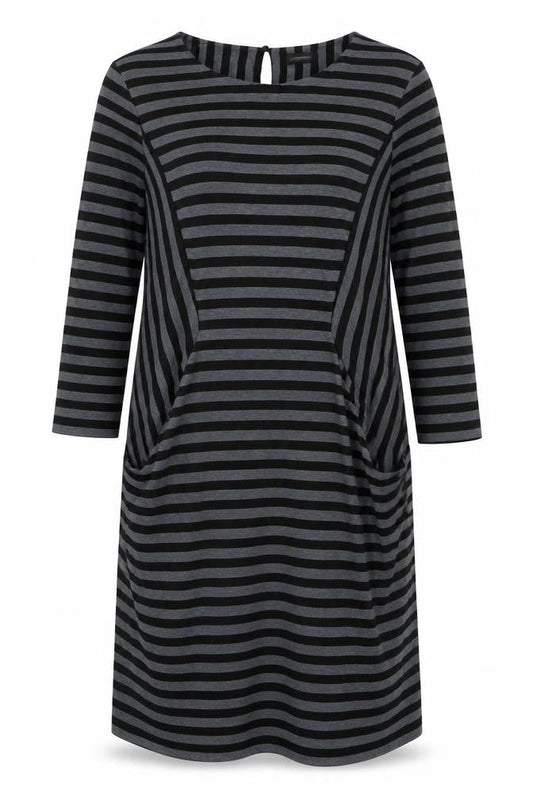 pomodoro Womens Grey Striped Polyester A-Line  Size 14  Crew Neck Button
