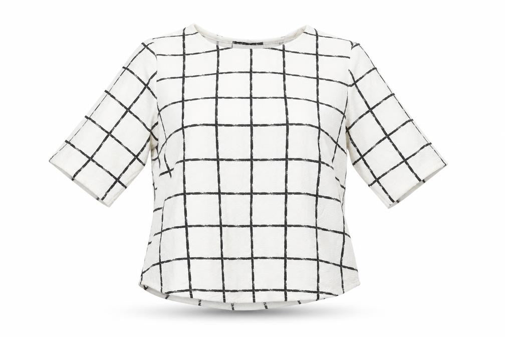Select Womens White Check Polyester Basic Blouse Size 8 Crew Neck