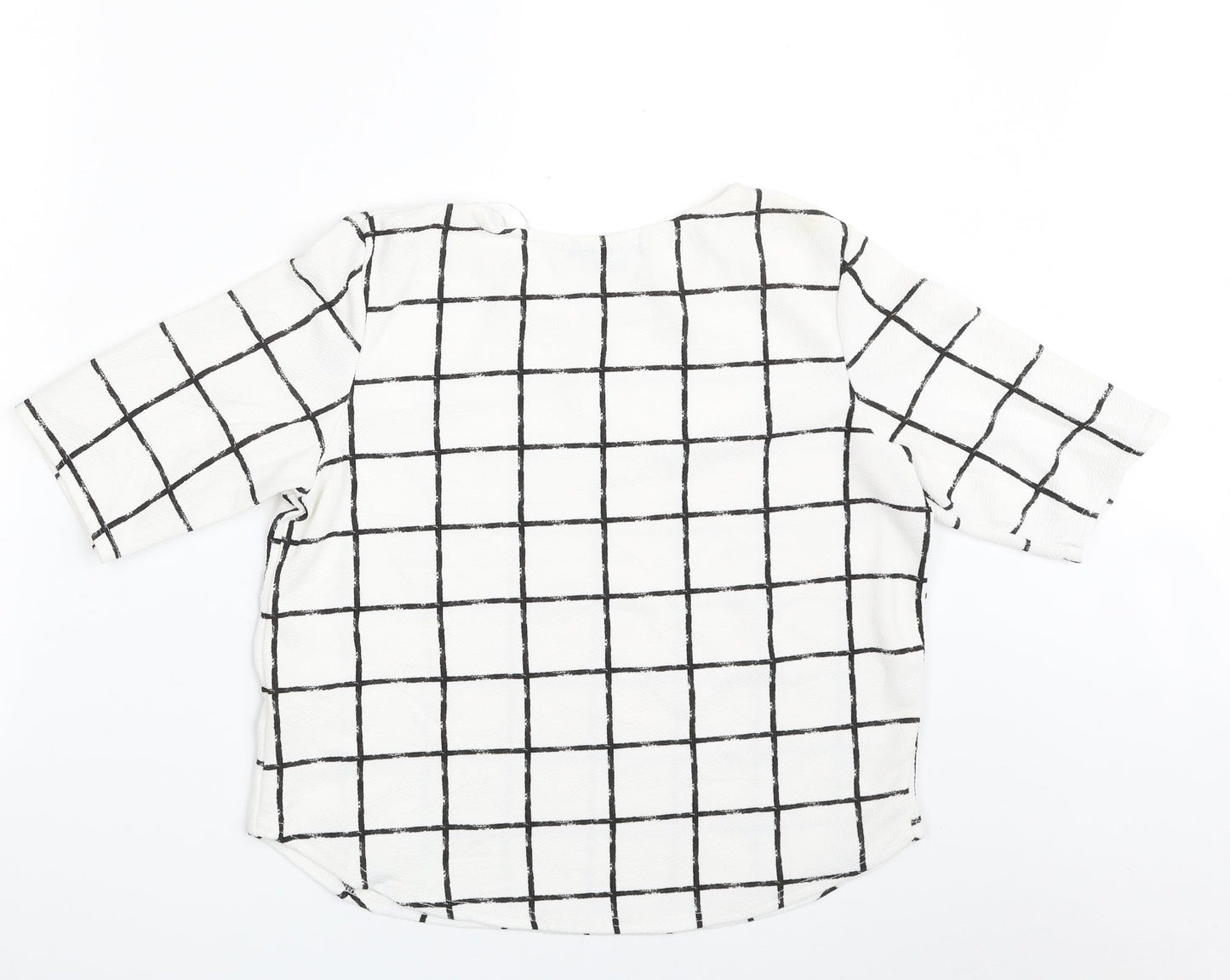 Select Womens White Check Polyester Basic Blouse Size 8 Crew Neck