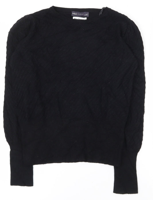 Marks and Spencer Womens Black Round Neck Striped Viscose Pullover Jumper Size 8