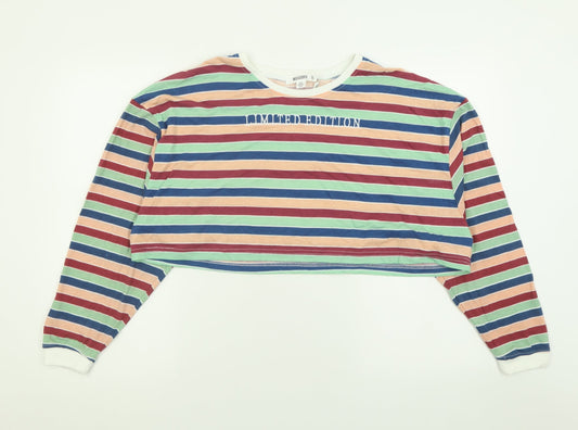Missguided Womens Multicoloured Striped Polyester Cropped T-Shirt Size 8 Crew Neck