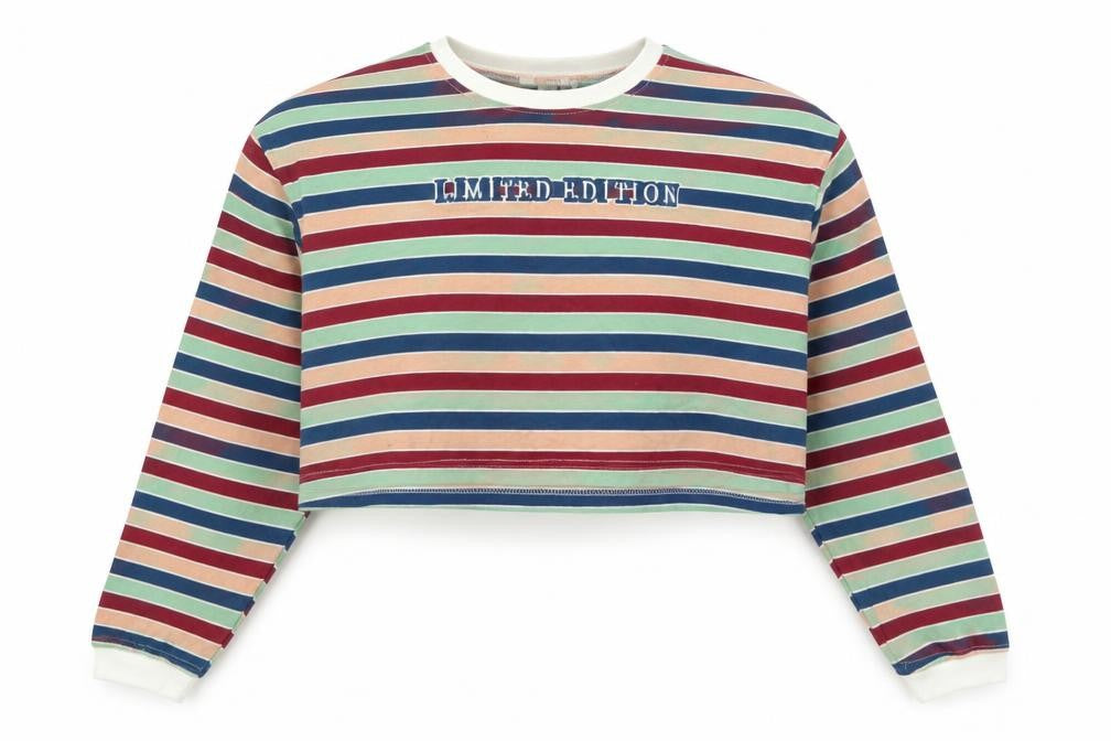 Missguided Womens Multicoloured Striped Polyester Cropped T-Shirt Size 8 Crew Neck
